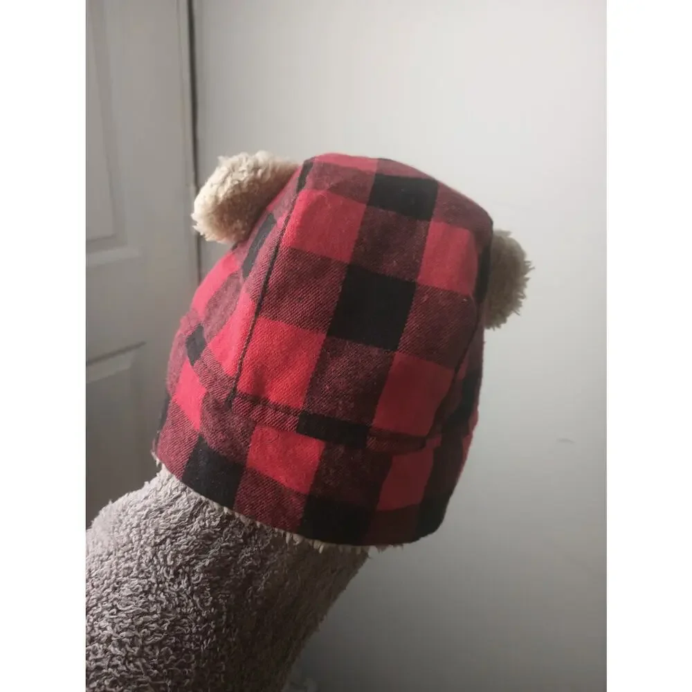 Toddler Infant Red Black Buffalo‎ Plaid Trapper Hat Faux Fur Lining Duck NWT